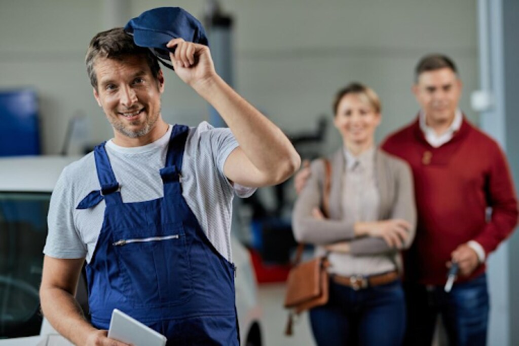 Happy auto locksmith taking his hat of while standing in a workshop